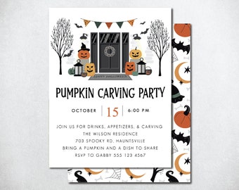May include: Halloween party invitation with a black and white illustration of a house with pumpkins and bats. The text reads "Pumpkin Carving Party" with the date and time "October 15 | 6:00 PM". The invitation also includes the address "703 Spooky Rd, Hauntsville" and the RSVP information "RSVP to Gabby 555 123 4567".
