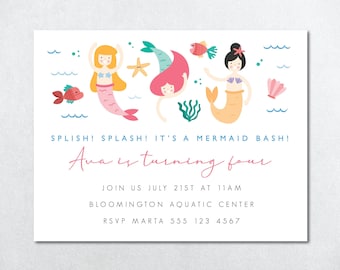 Mermaid Birthday Invitation, Mermaid Invitation, Mermaid Birthday Party, Under The Sea Birthday Party, Splish Splash Invitation, Editable