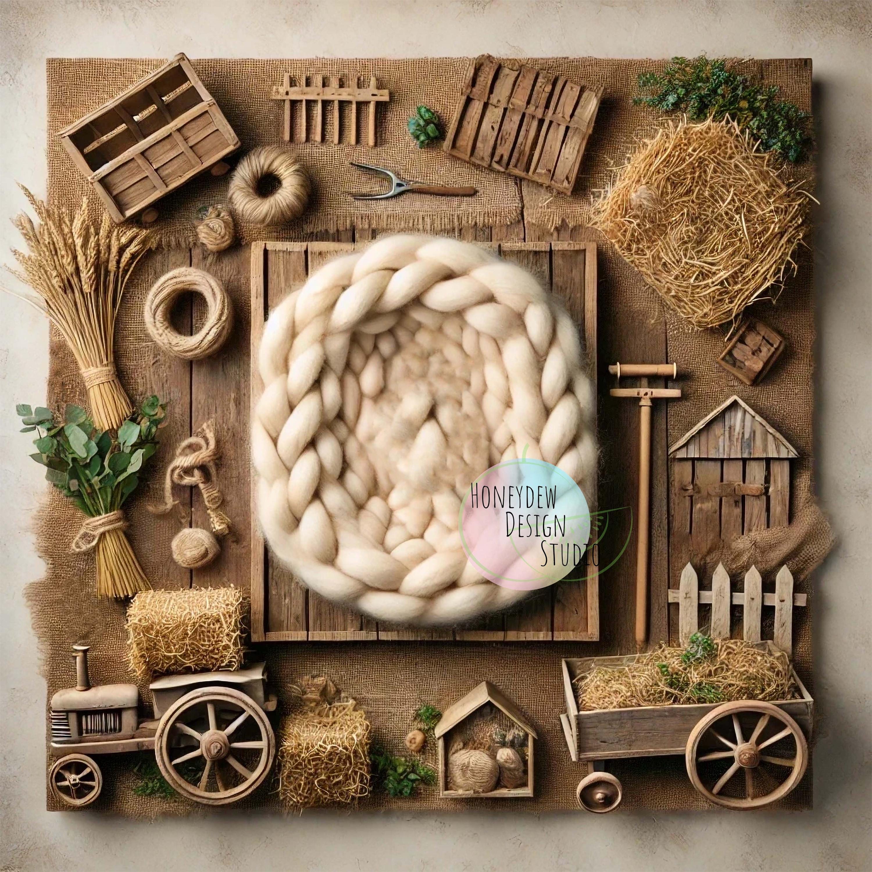 Rustic Farm-Themed Newborn Digital Backdrop with Large Knit Cord Fabric–Baby Photography Backdrop for Farm-Inspired Photoshoots- Composite