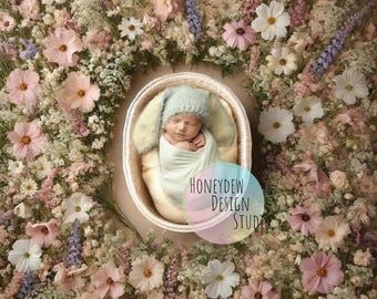 Pastel Wildflower Newborn Digital Backdrop with Woven Basket & Soft Cream Fabrics – Baby Photography Prop