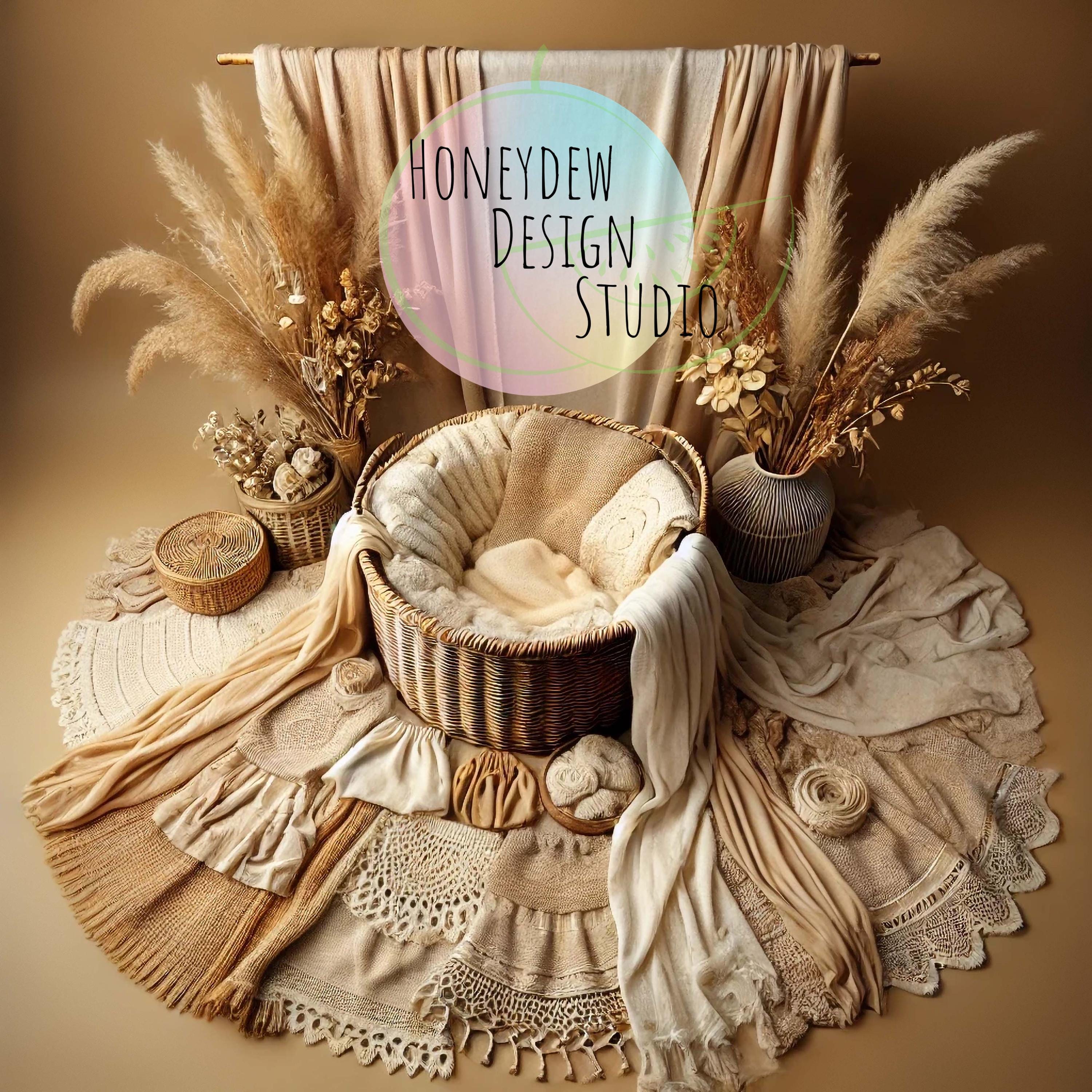 Boho Newborn Digital Backdrop With Woven Basket, Cream & Beige Fabrics ...