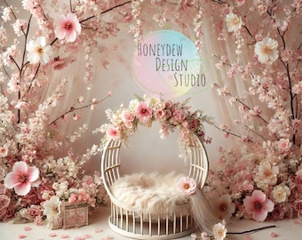 Cherry Blossom Newborn Digital Backdrop – Elegant Floral Baby Photography Prop for Nature-Inspired Photoshoots | Spring Flowers | Composite