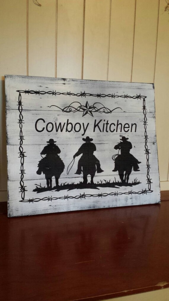 Cowboy Kitchen Rustic Pallet Wood Sign Cowboy Silhouette Etsy