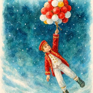 Puede incluir: Ilustración en acuarela de un niño sosteniendo un montón de globos. El niño lleva un abrigo y un sombrero rojos, pantalones blancos y botas negras. Las palabras "Merry Christmas" están escritas en rojo arriba. El fondo es una escena invernal azul.