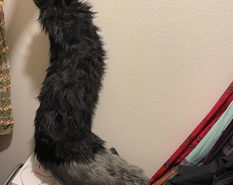 Black & Gray Faux Fur Tail | Cosplay Costume Accessory | Gothic Festival Wear | Furry Tail Clip | Statement Fashion Piece tip