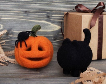 Needle felted halloween pumpkin, black cat and spider, felt autumn decoration, rustic pumpkin home decor, halloween gift