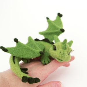 Felted Green Dragon Figurine: Woodland Fantasy Doll, Kids Shelf Decor