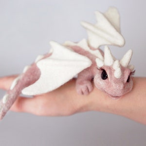 Pink baby dragon, fairy animal, mystical lover gift, cute fantasy creature, kids shelf decor, art doll figurine, felt wyvern sculpture image 1