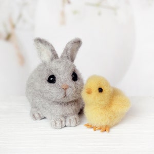 Handcrafted Easter gift, Grey Bunny Yellow Chick, Woolen Miniatures