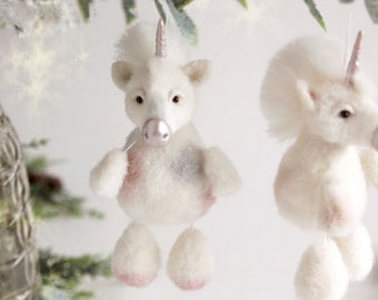 Magical unicorn Christmas tree ornaments, needle felted holiday decor, cute christmas gift