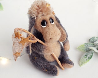 Needle felted donkey stargazer, OOAK art doll animal, christmas gift for kids