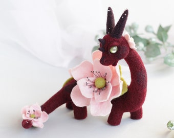 Japanese flower dragon sculpture, ooak fantasy figure, dragon fan gift, mystical creature, needle felted magic animal