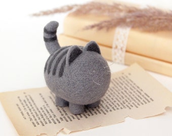 One tabby gray cat with dark gray stripes, needle felted figurine, cat lover gift, cute desk accessories