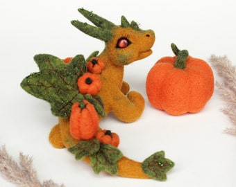 Autumn dragon with pumpkin, OOAK dragon art, thanksgiving decorations, halloween gift