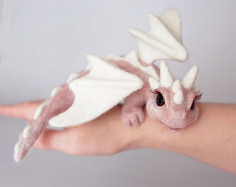 Pink baby dragon, fairy animal, mystical lover gift, cute fantasy creature, kids shelf decor, art doll figurine, felt wyvern sculpture