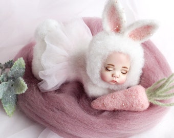 Sleeping bunny doll, newborn baby doll in bunny costume, Christmas gift, OOAK art doll