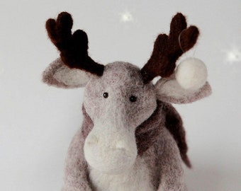 Needle felted moose, cute christmas gift, art doll animal, norwegian moose toy, nursery decor, gift for kids, christmas decoration