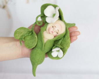 Enchanting Needle Felted Baby Doll in a Pea Pod Figurine for Waldorf Shelf, flower elf, ooak fantasy figure