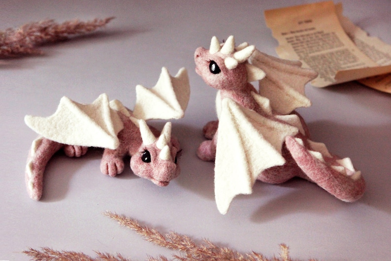 Pink baby dragon, fairy animal, mystical lover gift, cute fantasy creature, kids shelf decor, art doll figurine, felt wyvern sculpture image 3