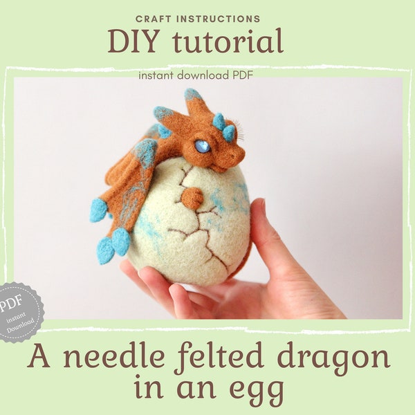 DIY needle felted instructions, a baby dragon in an egg tutorial, craft pattern, instant download PDF, Pray for Ukraine, Peace for Ukraine