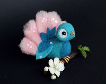 Cute needle felted blue bird, peacock tail bird, magic figurine, bedside table decor, home accent, gift for bird lover, fantasy creature
