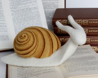 Needle felted snail sculpture, autumn decoration collectible figurine, rustic home decor, woodland nursery, art doll office decor wool snail