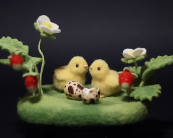 A pair of felted chickens on a strawberry lawn, nature inspired easter decor, home accent, woolen miniatures