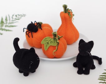 Spooky Halloween decoration, needle felted pumpkins and black cats, halloween gift, Thanksgiving decor