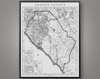 Orange County Map, Vintage Orange County Fine Art, OC Poster, Irvine Map, Riverside Map, Laguna Beach, Dana Point, Laguna Niguel, Wall Art