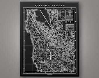 Silicon Valley Map, Vintage San Mateo Art Print, Bay Area Poster, Mountain View, Palo Alto Map, Google, Facebook, Redwood City, Sunnyvale