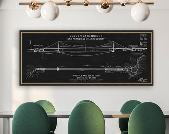 Golden Gate Bridge Architecture Drawing - Vintage California - Elevation Plans, Golden Gate Bridge Art, Golden Gate Blueprint, Large Format