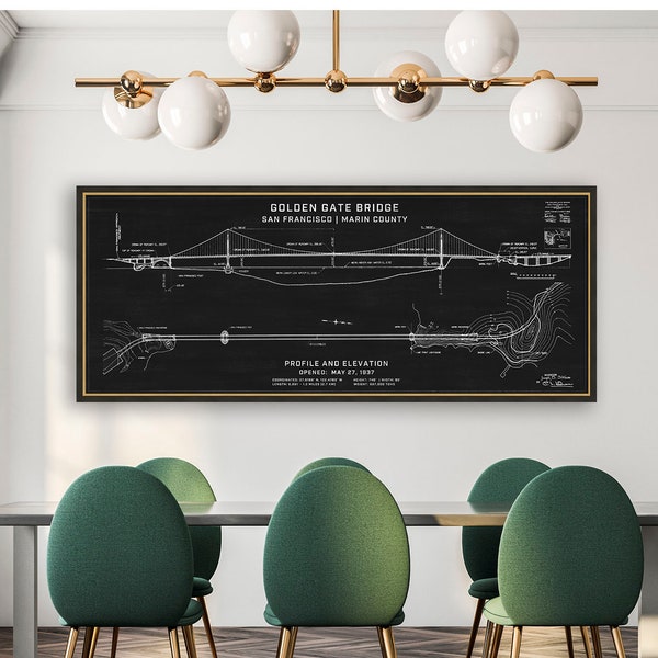 Golden Gate Bridge Architecture Drawing - Vintage California - Elevation Plans, Golden Gate Bridge Art, Golden Gate Blueprint, Large Format