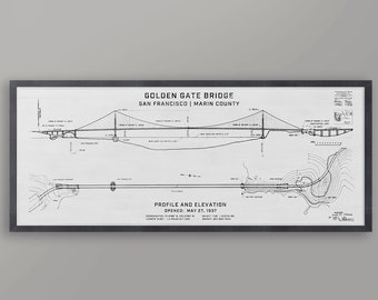 Golden Gate Bridge Elevation - Vintage California - Architecture Plans, Golden Gate Bridge Art, Golden Gate Blueprint, Wall Art Decor