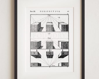 Perspective Illustration Art Print: Vintage Geometry, Industrial Decor