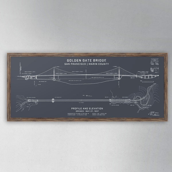 Golden Gate Bridge - Vintage Architecture - Plan Drawing - Elevation Plans, Golden Gate Bridge Art, Golden Gate Blueprint, Big Art