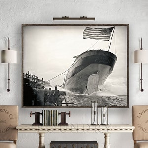 Large Sized Vintage Nautical Ship Launch Photo Reprint, Vintage