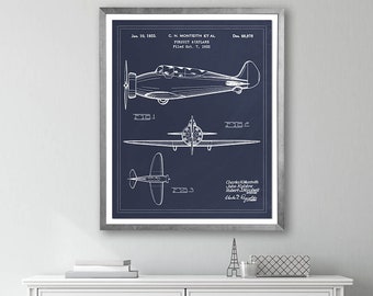 May include: A vintage blueprint style illustration of a 1933  'Pruitt Airplane' patent drawing on a dark blue background. The patent number is D83,976. The patent was filed on June 18, 1933, by C.H. Monteith et al.