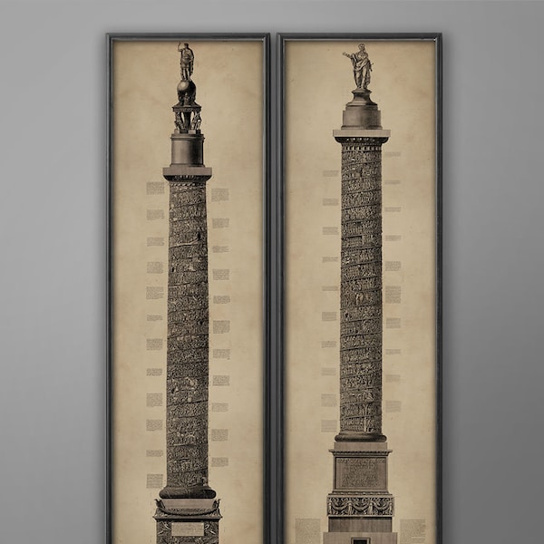 TRAJAN'S COLUMN and COLUMN of Marcus Aurelius Etching Prints - Giovanni Battista Piranesi - 18th-century Rome, Italy - Rustic Vintage Old