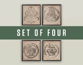 18TH CENTURY EUROPEAN DOCUMENT Seal Set of 4 Prints, Family Crests, Coat of Arms, Armorial Engravings, French Chic, Retro, Bohemian, English