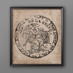 May include: A vintage black and white print of a circular stamp with an angel figure and the text "DE LA SEINE 3C". The background is a faded brown paper with handwritten text.
