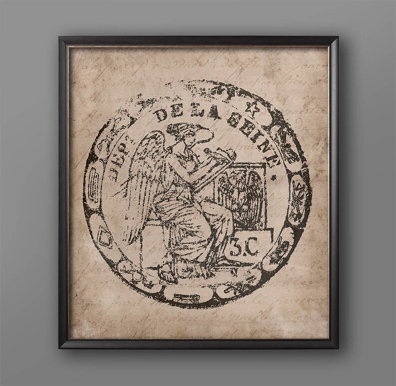 May include: A vintage black and white print of a circular stamp with an angel figure and the text "DE LA SEINE 3C". The background is a faded brown paper with handwritten text.