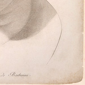 May include: An antique black and white engraving of a portrait, featuring cross-hatching details. The artwork is signed "de Barberini" in cursive script at the bottom left corner. The paper has a slightly aged, off-white tone.