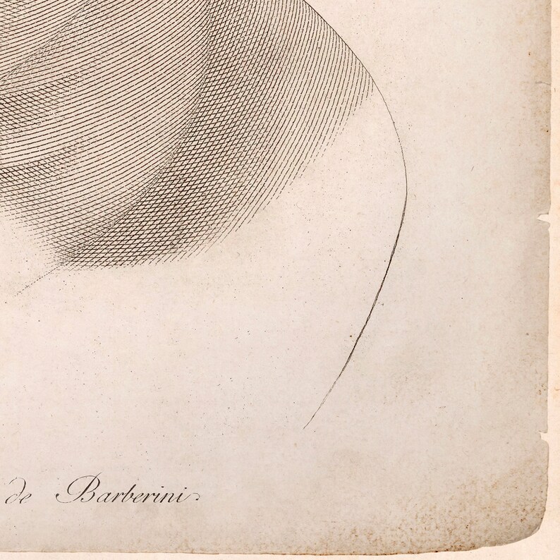 May include: An antique black and white engraving of a portrait, featuring cross-hatching details. The artwork is signed "de Barberini" in cursive script at the bottom left corner. The paper has a slightly aged, off-white tone.