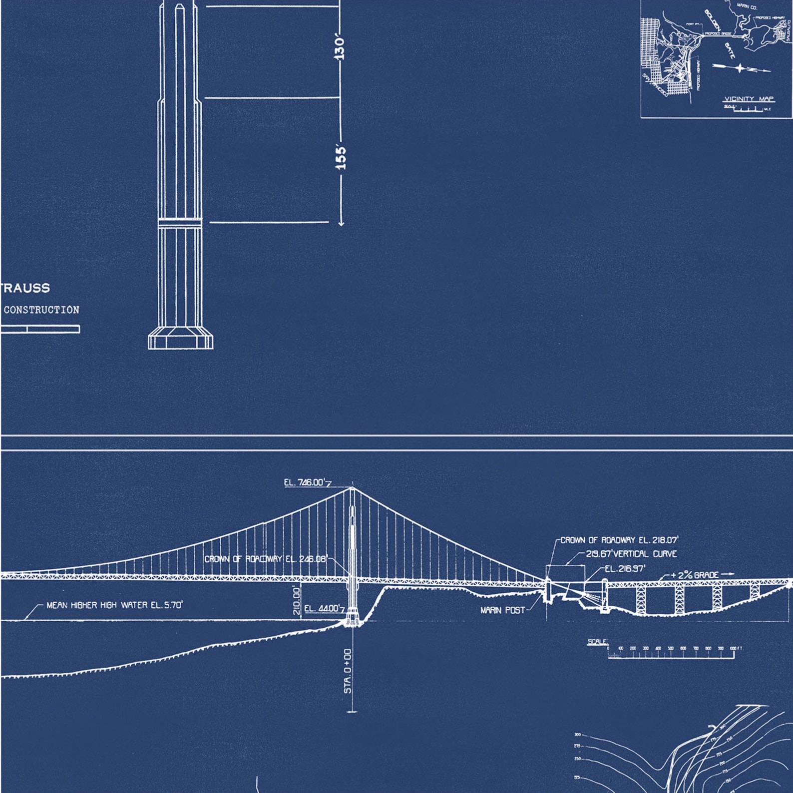 Golden Gate Bridge Blueprint Blue San Francisco California | Etsy UK