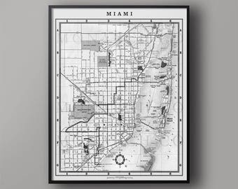 Map of Miami, Vintage 1900s Miami Map Artwork, Lithographic Map of Miami Florida Giclee Art, Coral Gables Map, South Beach, Biscayne Bay