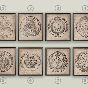 May include: Eight framed prints with black frames and a beige background. Each print features a black and white vintage design with text. The text includes the words "Pinerolo", "Sol 5", "20 C.T. 922", "Gen de Paris", "2 Decimes en Sus 1924", "C.60", "Conserv. delle Inviote", and "Conserv. delle Inviote".