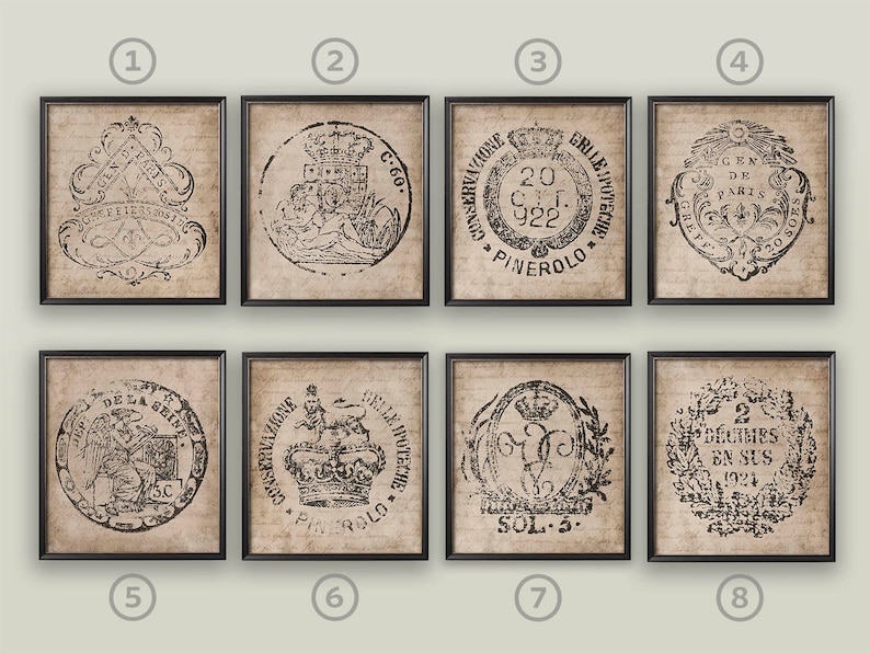May include: Eight framed prints with black frames and a beige background. Each print features a black and white vintage design with text. The text includes the words "Pinerolo", "Sol 5", "20 C.T. 922", "Gen de Paris", "2 Decimes en Sus 1924", "C.60", "Conserv. delle Inviote", and "Conserv. delle Inviote".