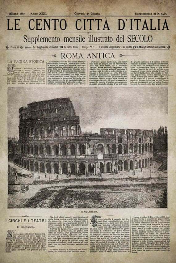 Vintage Roma Antica Colosseo Print: 1887 Italian Newspaper Art - Etsy