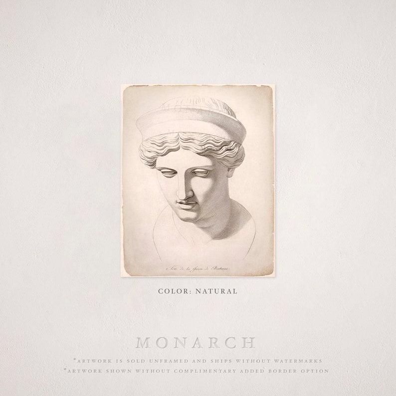 May include: A natural-toned print of a classical bust, featuring a woman's head with a detailed rendering of her hair and facial features. The artwork is labeled "MONARCH" and the color is described as "NATURAL".