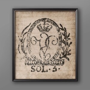May include: Black and white vintage style print of a crest with a crown and the text "SOL. 3." on a background of faded handwritten text.